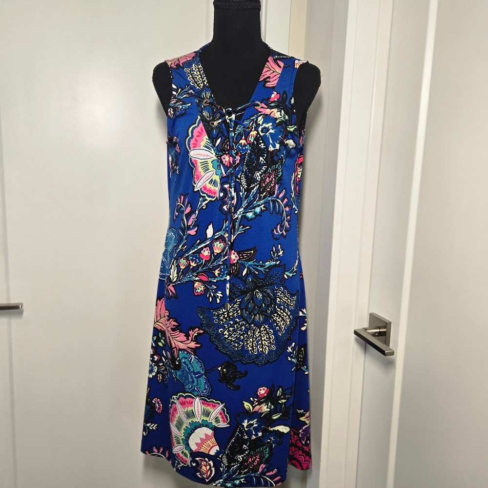 Anthropologie Floral abstract blue red Sleeveless Dress Size M